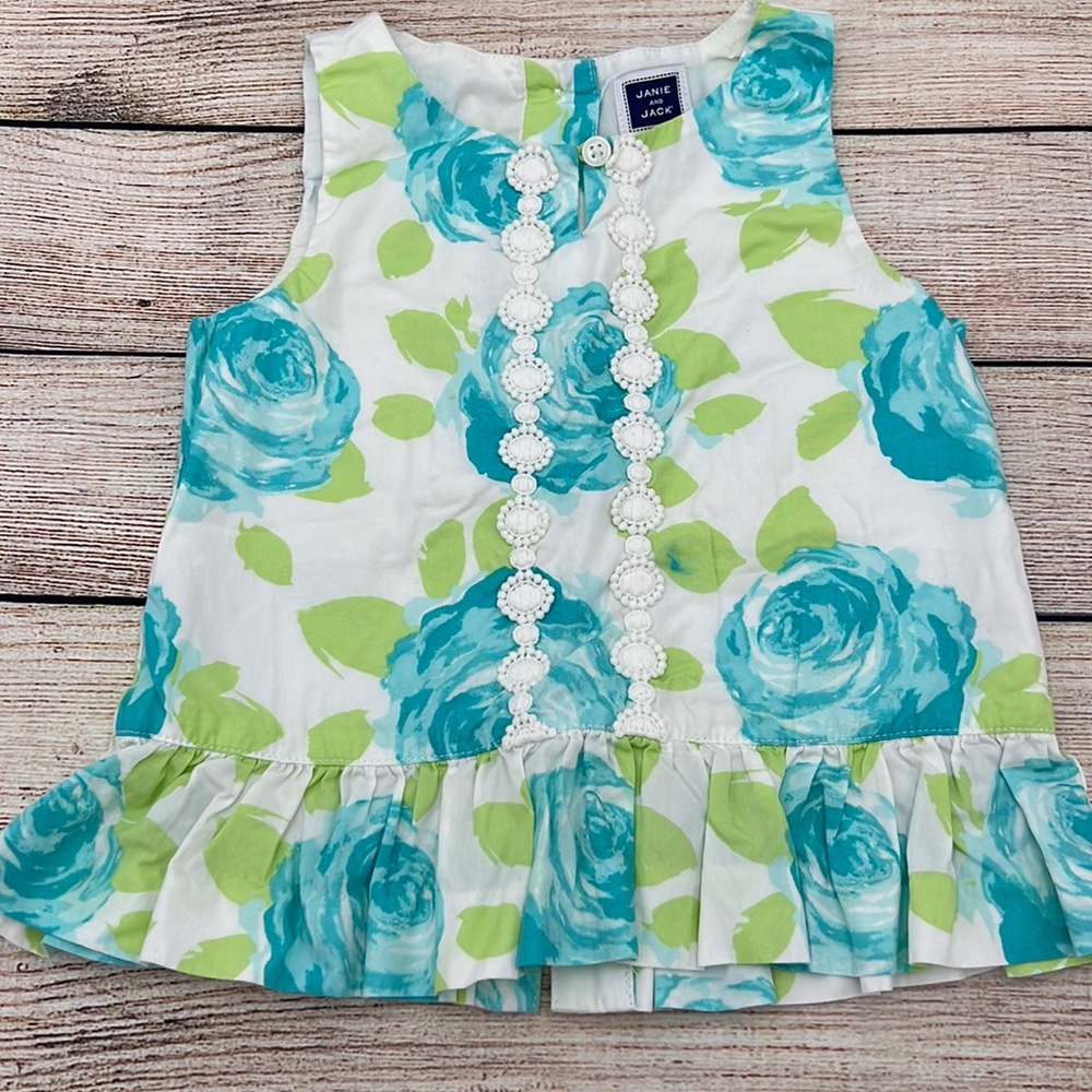 Janie and Jack Blue Rose and White Floral Top Girls Size 2T